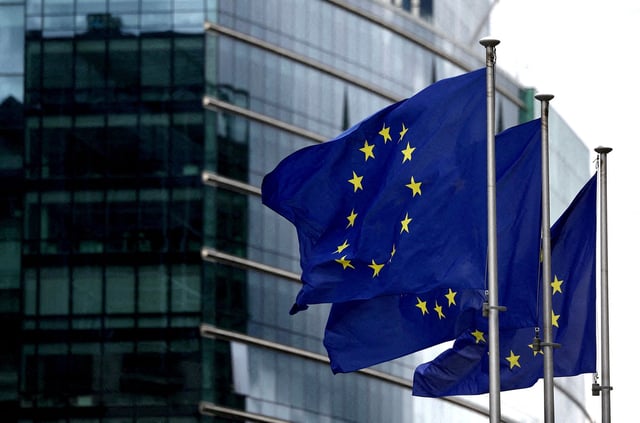 European flags fly outside the European Commission headquarters in Brussels, Belgium, September 20, 2023.