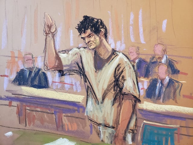 Sam Bankman-Fried is sworn in as he appears in court for the first time since his November fraud conviction in New York in February. Courtroom sketch: Jane Rosenberg via Reuters