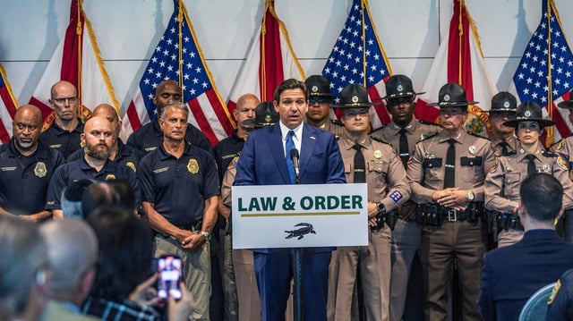 Florida Governor Ron DeSantis announces the support of his administration to the City of Miami Beach and other cities in the state during the 2024 spring break season by sending officers from different state law enforcement agencies to help the local police departments, at a press conference in Miami Beach, on Tuesday March 05, 2024.