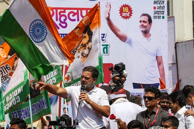 Congress party leader Rahul Gandhi speaks in the Mumbra area near Mumbai. Photo: EPA-EFE