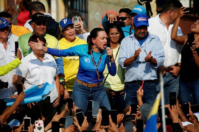 Venezuelan opposition presidential candidate Maria Corina Machado (centre) addresses supporters during a rally in Guacara, Carabobo State, Venezuela on Wednesday. Photo: Reuters