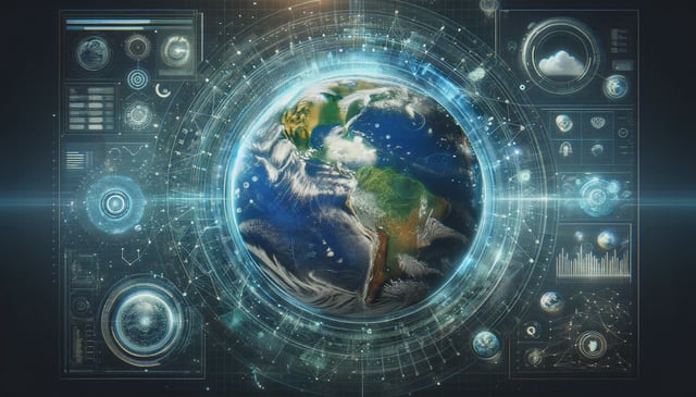 Harnessing Technology for Climate Insight: A depiction of Earth surrounded by advanced digital tools for simulating and predicting global climate patterns.