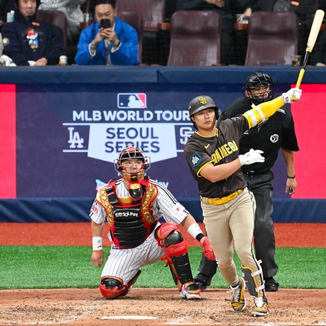 Ha-Seong Kim of the San Diego Padres bats in the top of the eighth inning during the exhibition game between San Diego Padres and LG Twins at Gocheok Sky Dome on March 18, 2024 in Seoul, South Korea.