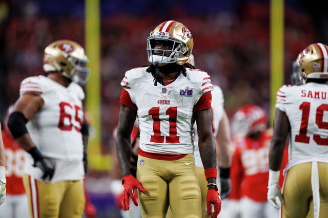 San Francisco 49ers wide receiver Brandon Aiyuk looks on during the Super Bowl against the Kansas City Chiefs at Allegiant Stadium on Feb. 11, 2024, in Las Vegas.