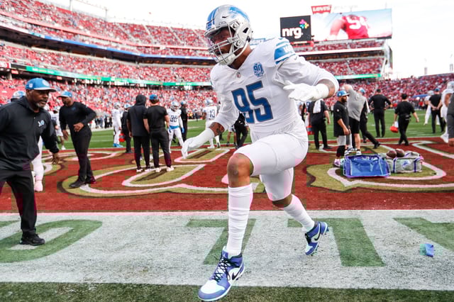 Lions defensive end Romeo Okwara during warmups before the NFC championship game at Levi's Stadium in Santa Clara, California, on Sunday, Jan. 28, 2024.