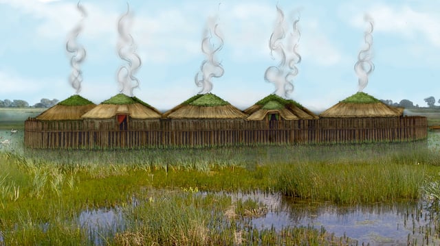 An illustration of the Bronze Age stilt settlement uncovered at Must Farm in eastern England.