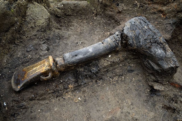 A metal axe head with wooden haft was among the many well preserved artifacts discovered at Must Farm.