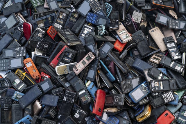 Old Fadama, Accra, Ghana, February 7, 2023: Locally generated end-of-life mobile phones sold for parts and recycling.