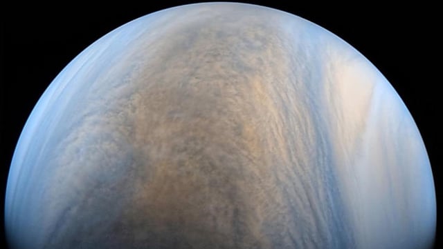 This composite image, taken by JAXA’s Akatsuki spacecraft, shows Venus. Image credit: JAXA / ISAS / DARTS / Damia Bouic.
