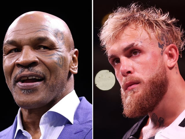 In this composite image a comparison between Former Boxer Mike Tyson (L) and Jake Paul (R). Tyson and Paul face in July 2024 exhibition fight. ***LEFT IMAGE*** RIYADH, SAUDI ARABIA - FEBRUARY 26: Former Boxer Mike Tyson looks on prior to the Cruiserweight Title fight between Jake Paul and Tommy Fury at the Diriyah Arena on February 26, 2023 in Riyadh, Saudi Arabia. (Photo by Francois Nel/Getty Images) ***RIGHT IMAGE*** GLENDALE, ARIZONA - OCTOBER 29: Jake Paul takes the ring for his cruiserweight bout against Anderson Silva of Brazil at Desert Diamond Arena on October 29, 2022 in Glendale, Arizona. (Photo by Christian Petersen/Getty Images)