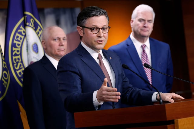 House Speaker Mike Johnson speaks during a news conference with Majority Leader Steve Scalise and Majority Whip Tom Emmer following a closed-door caucus meeting on March 20 in Washington, DC.