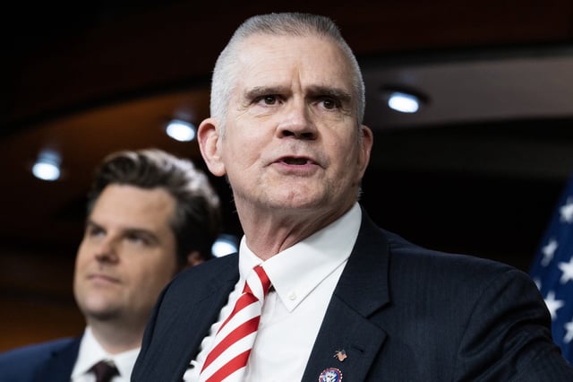 Rep. Matt Rosendale, R-Mont., speaks during a news conference in the Capitol Visitor Center on Feb. 6, 2024. 
