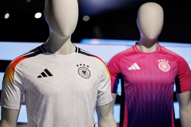 The official jerseys of Germany's national soccer team for this year's European Football Championship on display Adidas' headquarters in Bavaria, Germany in March 2024.