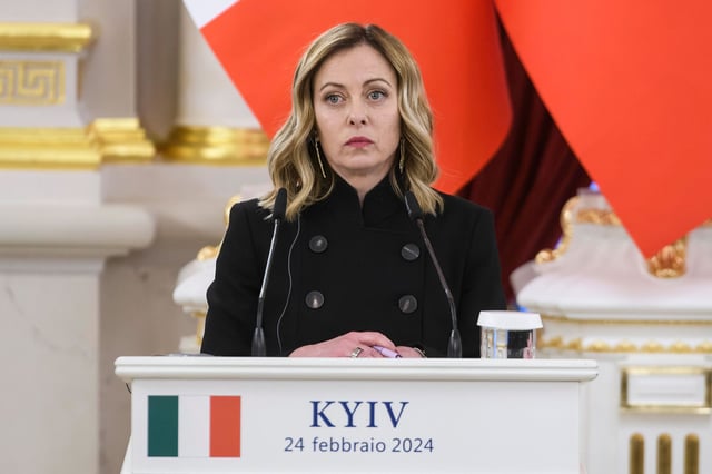 Italian Prime Minister Giorgia Meloni attends a joint press conference in Kyiv on February 24, 2024.