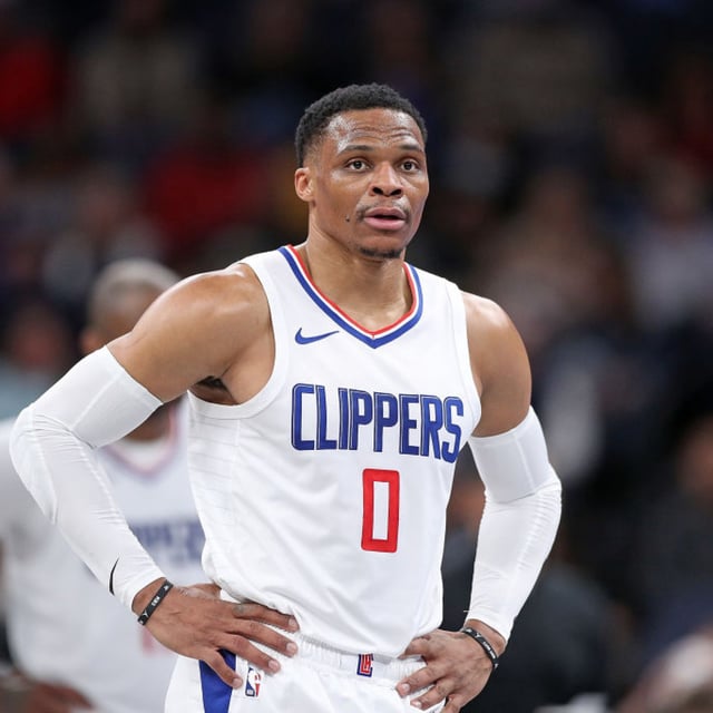 MEMPHIS, TENNESSEE - FEBRUARY 23: Russell Westbrook #0 of the Los Angeles Clippers looks on during the game against the Memphis Grizzlies at FedExForum on February 23, 2024 in Memphis, Tennessee. NOTE TO USER: User expressly acknowledges and agrees that, by downloading and or using this photograph, User is consenting to the terms and conditions of the Getty Images License Agreement.