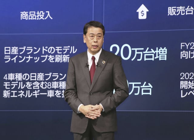 Nissan Chief Executive Makoto Uchida speaks during a press conference in Atsugi, near Tokyo, Monday, March 25, 2024. Nissan will expand its electric vehicle lineup, develop more powerful batteries, cut production costs, while speeding up the whole process, in what the Japanese automaker’s chief called “The Arc” pathway to greater sales by 2030.(Kyodo News via AP)