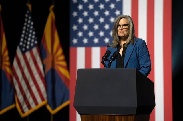 TEMPE, ARIZONA - SEPTEMBER 28: Arizona Gov. Katie Hobbs gives a brief speech prior to President Joe Biden's remarks at the Tempe Center for the Arts on September 28, 2023 in Tempe, Arizona. Biden delivered remarks on protecting democracy, honoring the legacy of the late Sen. John McCain (R-AZ), and revealed funding for the McCain Library.(Photo by Rebecca Noble/Getty Images)