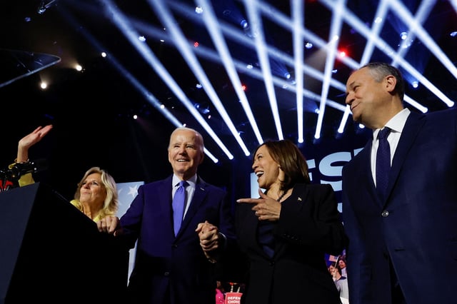 U.S. President Joe Biden, first lady Jill Biden, Vice President Kamala Harris and second gentleman Doug Emhoff attend a campaign event focusing on abortion rights at the Hylton Performing Arts Center, in Manassas, Virginia, U.S., January 23, 2024. REUTERS/Evelyn Hockstein