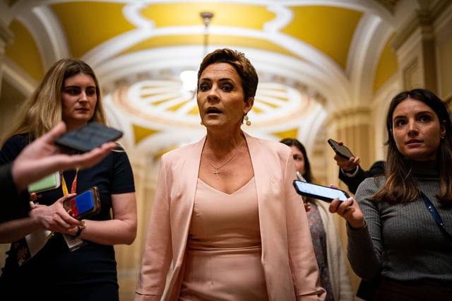 Arizona Senate Candidate Kari Lake speaks with reporters on Capitol Hill in Washington, DC, on March 6, 2024.