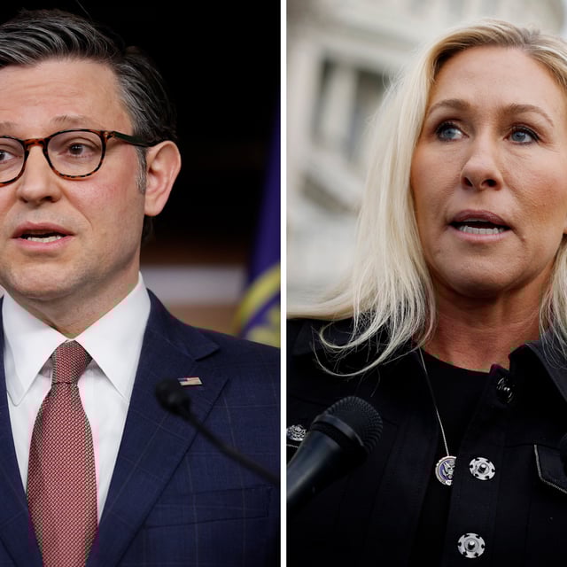 From left, House Speaker Mike Johnson peaks during a news conference at the U.S. Capitol Visitors Center on March 20, 2024, in Washington, DC. Rep. Marjorie Taylor Greene speaks to reporters outside of the U.S. Capitol Building on March 13, 2024, in Washington, DC.