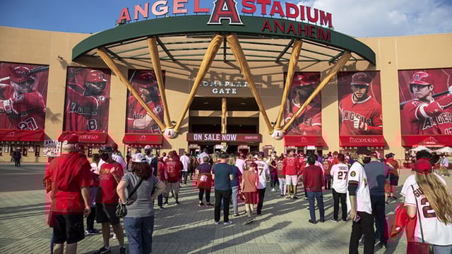 Fans line up to enter Angel Stadium in 2021.