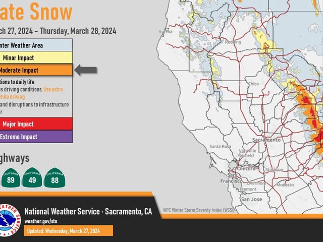 A National Weather Service map shows the areas in California expecting to receive the most snow from the current storm.