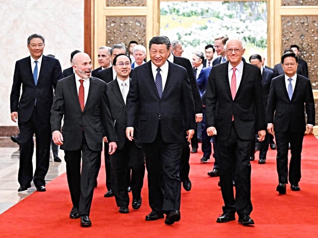 Chinese President Xi Jinping meets with representatives from American business, strategic and academic communities at the Great Hall of the People in Beijing, capital of China, March 27, 2024. (Photo by Shen Hong/Xinhua via Getty Images)
