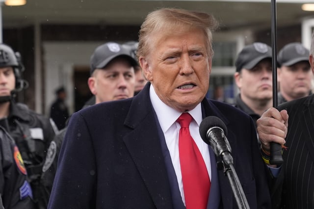 Former President Donald Trump speaks during a news conference after attending the wake of New York City police officer Jonathan Diller, Thursday, March 28, 2024,  in Massapequa Park, N.Y.  Diller was shot and killed Monday during a traffic stop, the city's mayor said. It marked the first slaying of an NYPD officer in two years. (AP Photo/Frank Franklin II)
