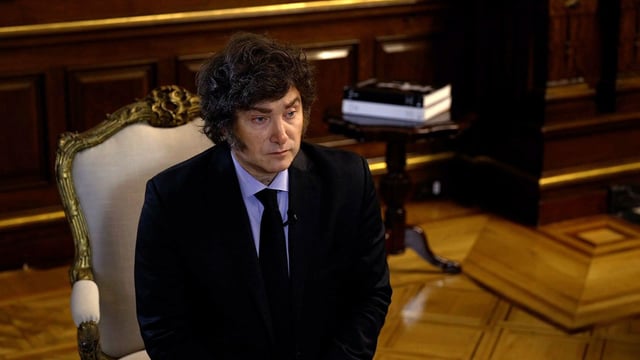 Argentinian President Javier Milei apeears in an interview conducted by CNN en Español.