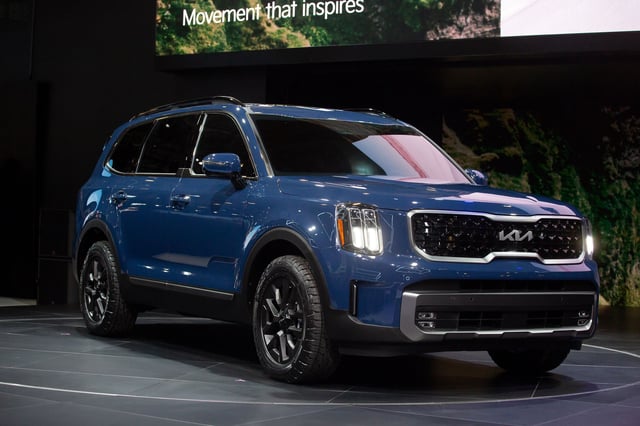 A Kia Telluride sports utility vehicle (SUV) is unveiled during the 2022 New York International Auto Show (NYIAS) in New York, U.S., on Wednesday, April 13, 2022. The NYIAS returns after being cancelled for two years due to the Covid-19 pandemic.