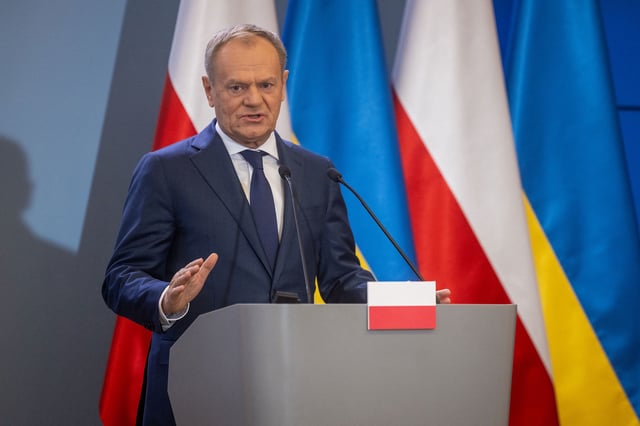 Polish Prime Minister Donald Tusk attends a joint press conference with his Ukrainian counterpart after bilateral talks to resolve a conflict over farm imports in Warsaw on March 28, 2024. Polish farmers have been blocking border crossings with Ukraine since last month to protest at what they say is unfair competition from goods from the war-torn country. (Photo by Wojtek Radwanski / AFP) (Photo by WOJTEK RADWANSKI/AFP via Getty Images)