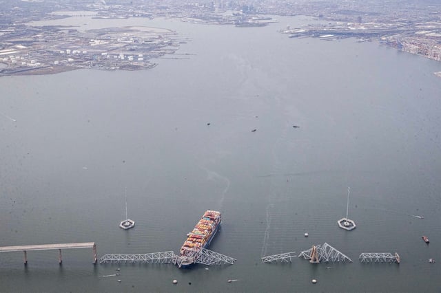 The container ship Dali amidst the wreckage of the collapsed Francis Scott Key Bridge in Baltimore.