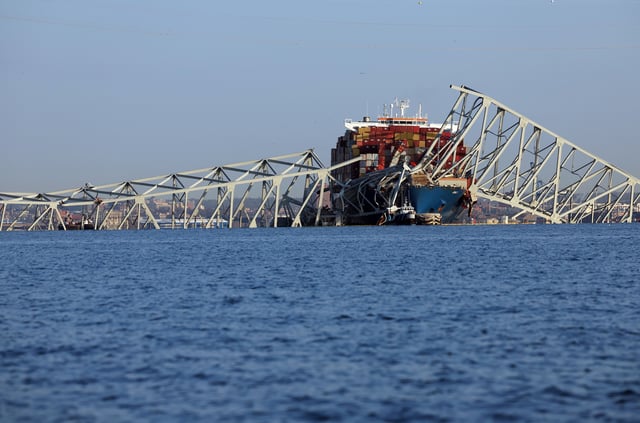 Wreckage from the Francis Scott Key Bridge rests on the Dali cargo ship on March 29, 2024 in Baltimore, Maryland.
