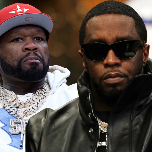 50 Cen (L) at the game between the Houston Rockets and the New Orleans Pelicans at Toyota Center on January 31, 2024 in Houston, Texas. (R) Sean "Diddy" Combs at Yardfest at Howard University on October 20, 2023 in Washington, DC. (Photo by for Sean "Diddy" Combs)
