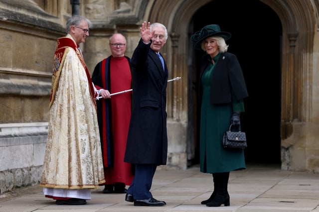 King Charles III and Queen Camilla arrive at St. George's Chapel to attend the Easter Mattins Service on March 31, 2024. It was Charles' first major public event since being diagnosed with cancer.