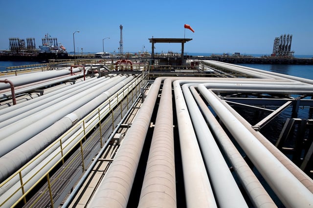 An oil tanker being loaded at Saudi Aramco's Ras Tanura oil refinery and oil terminal in Saudi Arabia in May 2018.