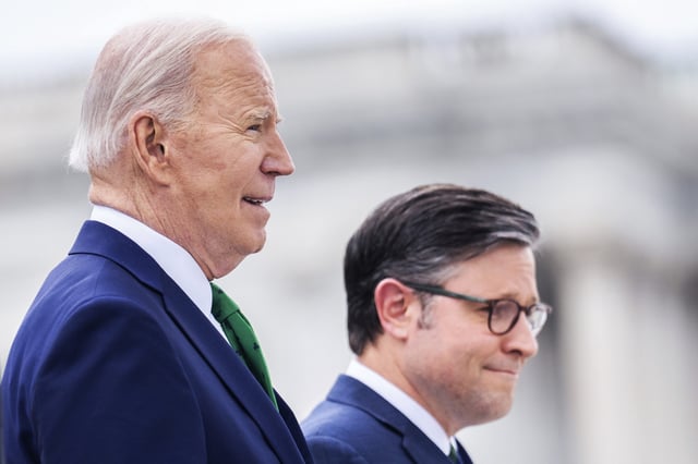 President Joe Biden, left, and Speaker of the House Mike Johnson, R-La., right, leave the U.S. Capitol on Friday, March 15, 2024. Johnson recently proposed a deal to approve aid for Ukraine if Biden reverses a ban on new permits for natural gas exports. (Tom Williams/CQ Roll Call via AP Images)
