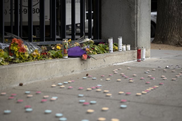 A memorial for the victims of a mass shooting in Sacramento near L Street and 10th Street. April 4, 2022. Photo by Miguel Gutierrez Jr., CalMatters