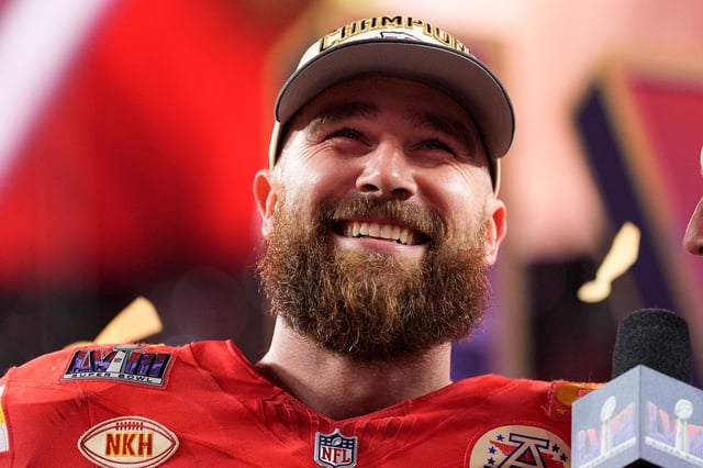 Kansas City Chiefs tight end Travis Kelce (87) celebrates after the NFL Super Bowl 58 football game against the San Francisco 49ers on Sunday, Feb. 11, 2024, in Las Vegas. The Kansas City Chiefs won 25-22 against the San Francisco 49ers.