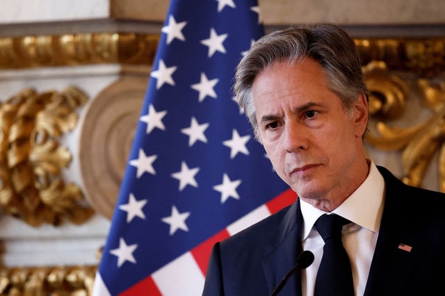 US Secretary of State Antony Blinken gives a press conference following his meeting with French Foreign minister at the Ministry of Foreign Affairs in Paris, on April 2, 2024.