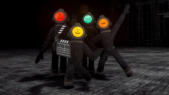 Content Warning screenshot - four characters standing close together in a dark environment