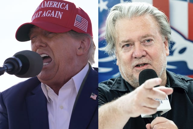 Left: Republican presidential candidate former President Donald Trump speaks at a campaign rally March 16, 2024, in Vandalia, Ohio. (AP Photo/Jeff Dean, File) RIght: Steve Bannon, Former White House Chief Strategist, at the Conservative Political Action Conference (CPAC) held at the Gaylord National Resort & Convention Center in Oxon Hill, Maryland. (Photo by Michael Brochstein/Sipa USA)(Sipa via AP Images)