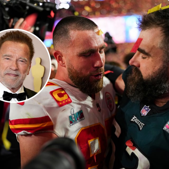 Arnold Schwarzenegger (inset image) onstage in the press room at the 96th Annual Academy Awards at Ovation Hollywood on March 10, 2024 in Hollywood, California. (Main image) Travis Kelce (L) of the Kansas City Chiefs speaks with Jason Kelce of the Philadelphia Eagles after Super Bowl LVII at State Farm Stadium on February 12, 2023 in Glendale, Arizona. Schwarzenegger claimed the brothers were planning a move into Hollywood.