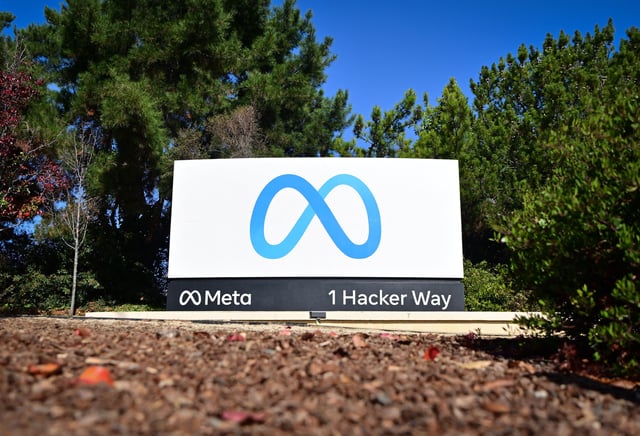 The Meta (formerly Facebook) logo marks the entrance of their corporate headquarters in Menlo Park, California on November 09, 2022.