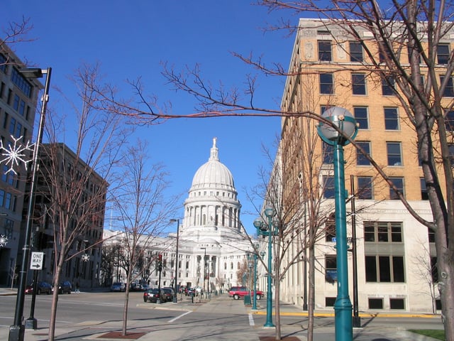View of the State Capitol from Madison's State Street in winter.