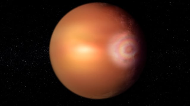 An illustration of WASP-76b and the rainbow like glory effect in its atmosphere