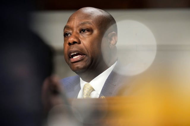 Committee ranking member Sen. Tim Scott, R-S.C., questions former executives of failed banks during a Senate Banking Committee hearing on Capitol Hill on May 16, 2023 in Washington, DC.