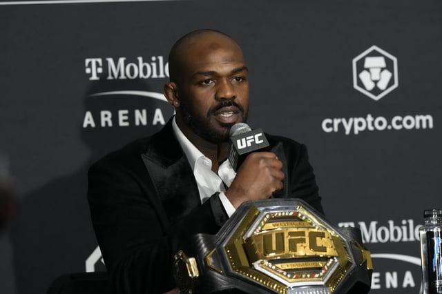 Jon Jones meets with the media following his win over Cyril Gane at UFC 285 on March 5, 2023.