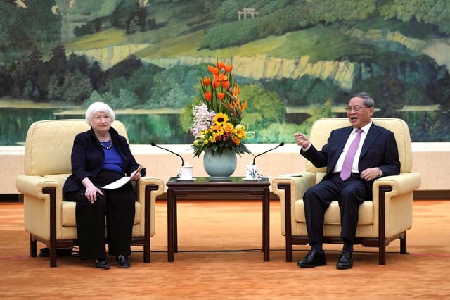 U.S. Treasury Secretary Janet Yellen meets Chinese Premier Li Qiang at the Great Hall of the People in Beijing, China, April 7, 2024.  Tatan Syuflana/Pool via REUTERS