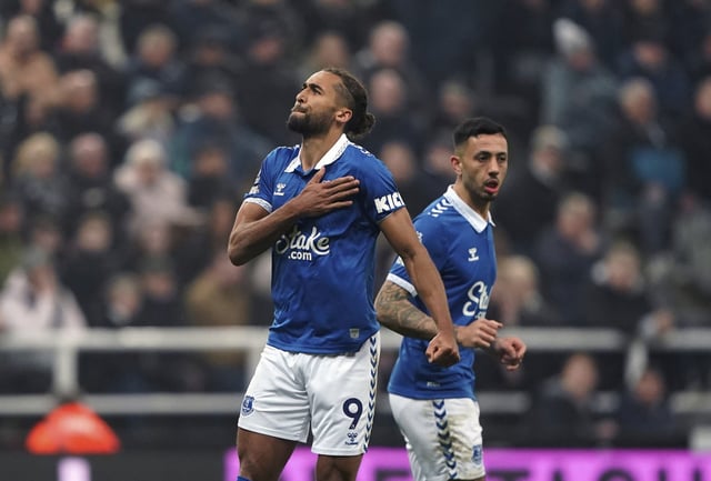 Everton's Dominic Calvert-Lewin celebrates during a soccer match between Newcastle United and Everton in Newcastle, England, on April 2, 2024.
